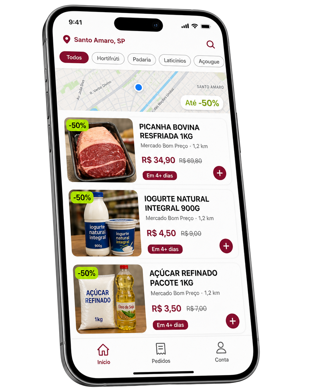Aplicativo itgood mostrando ofertas de supermercado com 50% de desconto